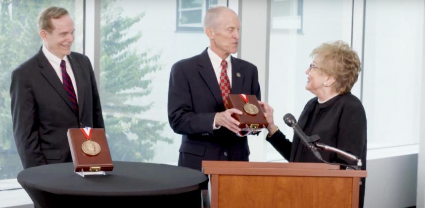 Former U.S. Sen. Elizabeth Dole accepts the 2022 Gerald R. Ford medal for distinguished public service on Friday, July 1. Both her and her late husband, former Sen. Bob Dole, were recipients of the award. (Kansas Reflector screen capture from Gerald R. Ford Presidential Foundation video)