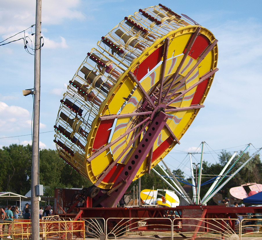The Round-up, one of the most popular rides, is up, up, and a-spin!