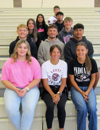 2025 Fall Homecoming Court: First (back) row: Freshman Attendant, Huck Carpenter; Second row: Sophomore Attendants, Eleny Sillas and Jaden Rito; Third row: Junior Attendants, Cheyenne Rutherford and Gannon West; Second Row: King Candidates, Cashton Young, Dylan Luna, David Romero; Front Row: Queen Candidates, Laney Biel, Jentri Porter, Evy Thurman. Not pictured: Freshman Attendant, Emerson Biermann.