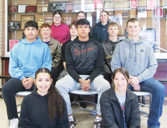 Back Row (L-R): Class attendants Camryn Biermann, Katelyn Price, Cele Baker. Second Row: Class attendants Holden Whalen, Jax Berry, Kade Gerstberger. Third Row: King candidates David Romero, Christian Figueroa, Zane Gerstberger. Front Row: Queen candidates Sophia Wedel, Jentri Porter. Not pictured: Queen candidate Delaney Biel