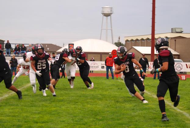 Top Left: Dylan Luna (7) returns the opening kickoff. Center Left: The Indians begin their 25-26 offense. Below Left: Christian Figueroa (2) and Beau Porter (8) combine for a sweet tackle. Below: Zane Gerstberger (59) and Gavvan Castillo (22) block hard as Holden Whalen (25) prepares to run interference for ball carrier Beau Porter (8).