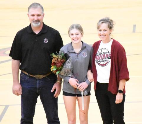WCHS celebrated the Lady Indians Volleyball Seniors. Top: All four seniors and their parents. Clockwise from second right: Michelle Gallegos, Ashlynn Ricke, Clara Koehn, Emma Berning. Photos courtesy Misty Gardner