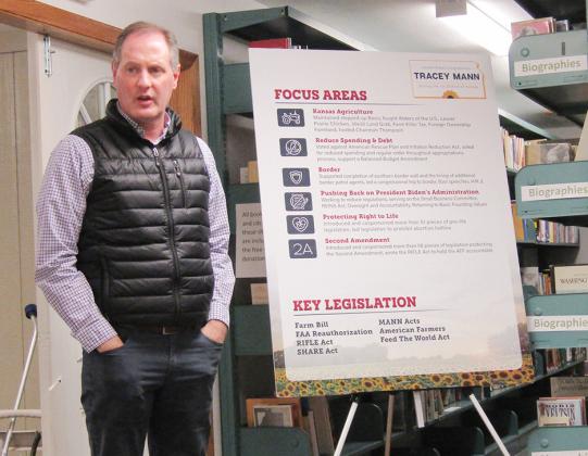 Above: Congressman Tracey Mann speaks during his 'Listening Tour' stop at the Wichita County Library in Leoti on Thursday, January 4.