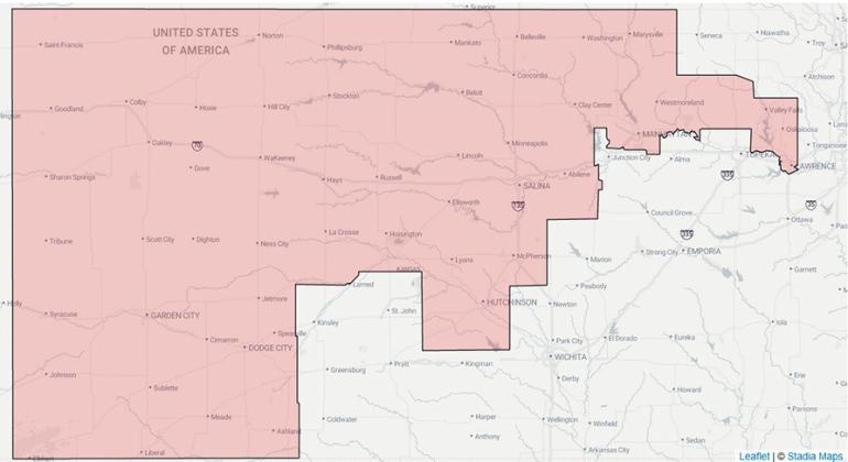 Below: The expansive First Congressional District of Kansas.