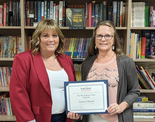 Wichita County Elementary School Principal and USD 467 Superintendent Lori Maxwell (left) is pictured with WCES Language Arts and Social Studies instructor Andrea Bauck, recipient of KANAAE scholarship. (Provided)