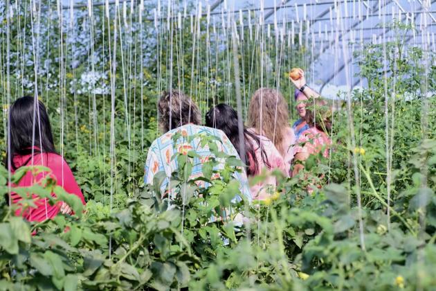 Kandy Michel, co-owner of Prairie Wind Produce in Garden City, holds up a fresh tomato to school district leaders in her farm’s greenhouse. The tour helped to show off the fruits grown in nearby towns that could be available for schools. Calen Moore/Kansas News Service