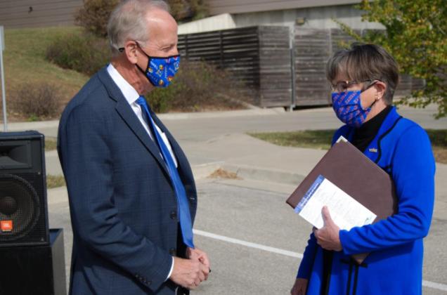 U.S. Sen. Jerry Moran, R-Kan., and Democratic Gov. Laura Kelly urge Kansans to embrace 10-digit dialing on local calls to prepare for implementation of the abbreviated 988 suicide prevention number similar to 911 used in emergencies. (Tim Carpenter/Kansas Reflector)