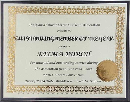 A closeup look at the certificate of award presented to Kelma Burch by the Kansas Rural Letter Carriers' Association.