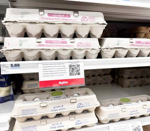 A Hy-Vee grocery store in Columbia, Missouri, is sharing information with shoppers about the impacts of recent bird flu cases on the egg supply. Egg prices across the country have soared in recent weeks because of losses caused by the virus. Skyler Rossi/Harvest Public Media
