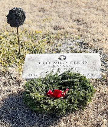 Left: The Great War Navy veteran SC2 Theo Milo Glenn's grave decorated with a wreath thanks to Wreaths Across America and The Wichita County Outdoorsmen, Inc.
