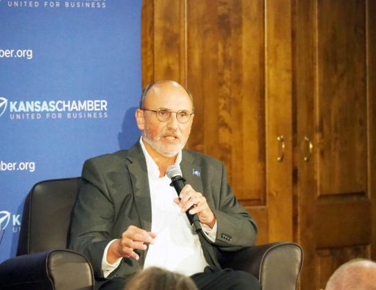 Democrat Paul Buskirk, who is running for U.S. House in the 1st District, said failure of Congress to pass a new five-year Farm Bill in the past year was a “glaring example of the failure of government.” (Tim Carpenter/Kansas Reflector)