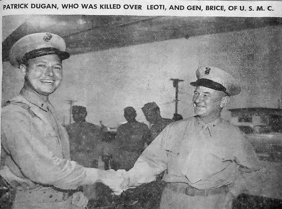 US Navy Major Patrick Dugan, 33, of Lone Wolf, Oklahoma, pictured above with General William O. Brice, USMC, was killed in the skies above Wichita County when his ejection seat failed during a massive storm. (Photo appeared in The Leoti Standard.)