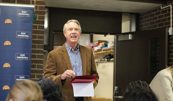 Republican Kansas Sen. Roger Marshall speaks at the Saturday town hall meeting in Oakley, Kansas. Calen Moore/Kansas News Service