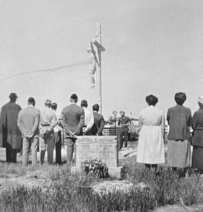 Many attended the dedication of the original concrete crucifix in the 1940s.