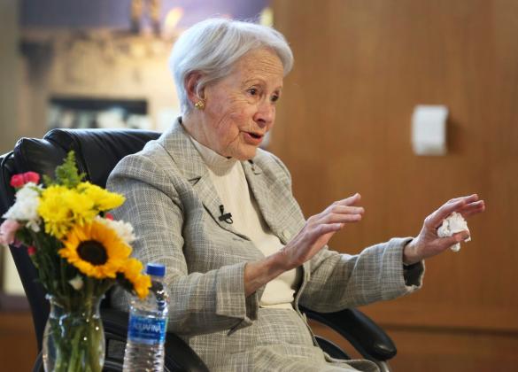 Former U.S. Sen. Nancy Kassebaum of Kansas talks about her Senate career, relationship with the late U.S. Sen. Bob Dole and erosion of a commitment to bipartisanship during an appearance at the Dole Institute of Politics in Lawrence. (Photo by Thad Allton for Kansas Reflector)