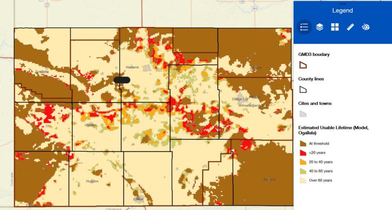 This map shows the Ogallala Aquifer in the GMD 3 region. The black oval is an approximate area the project will set up shop. Groundwater Management District 3