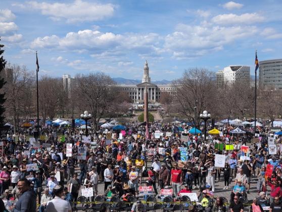 No Kings demonstrators began gathering at noon Saturday on the west side of the Colorado Capitol. Local organizers expect as many as 70,000 people to attend the protest in Denver. (Photo by Andrew Fraieli/Colorado Newsline)