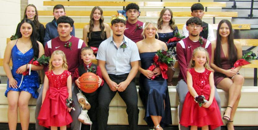 Back Row (L-R): Joleigh Mazanec, Jaxton Fritzmeier, sophomore attendants; Evy Thurman, Pablo Reyes, junior attendants; Madison Ames, Jerman Lira, freshman attendants. Front Row (LDonald R): Lynette Loya-Magadan, Queen Candidate; Francisco Figueroa, King Candidate; King Khris Hermosillo; Queen Emma Berning; Joel Lira, King Candidate; Giselle Alcaraz, Queen Candidate.