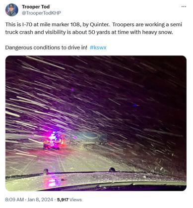 KHP Trooper Tod Hileman posted this to Twitter around 8am. He indicated only 50 yard of visibility.