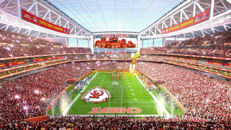 Manica Architecture in 2024 created renderings for a potential domed stadium for the Kansas City Chiefs in Kansas.