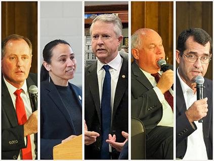 From left, U.S. Reps. Tracey Mann and Sharice Davids, U.S. Sen. Roger Marshall, and U.S. Reps. Ron Estes and Derek Schmidt are defending their seats against 25 challengers in the August primary election. (Photo illustration by Anna Kaminski/Kansas Reflector)