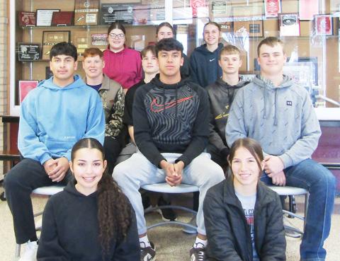 Back Row (L-R): Class attendants Camryn Biermann, Katelyn Price, Cele Baker. Second Row: Class attendants Holden Whalen, Jax Berry, Kade Gerstberger. Third Row: King candidates David Romero, Christian Figueroa, Zane Gerstberger. Front Row: Queen candidates Sophia Wedel, Jentri Porter. Not pictured: Queen candidate Delaney Biel
