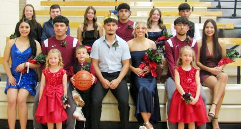 Back Row (L-R): Joleigh Mazanec, Jaxton Fritzmeier, sophomore attendants; Evy Thurman, Pablo Reyes, junior attendants; Madison Ames, Jerman Lira, freshman attendants. Front Row (L-R): Lynette Loya-Magadan, Queen Candidate; Francisco Figueroa, King Candidate; King Khris Hermosillo; Queen Emma Berning; Joel Lira, King Candidate; Giselle Alcaraz, Queen Candidate.