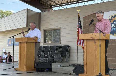 Democratic senate candidate Adam Hamilton delivers his closing statement for why Kansans should elect him over incumbent Republican Roger Marshall Zach Boblitt/Kansas Public Radio/Kansas News Service