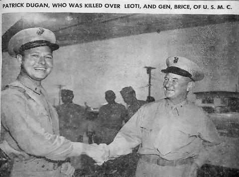 US Navy Major Patrick Dugan, 33, of Lone Wolf, Oklahoma, pictured above with General William O. Brice, USMC, was killed in the skies above Wichita County when his ejection seat failed during a massive storm. (Photo appeared in The Leoti Standard.)