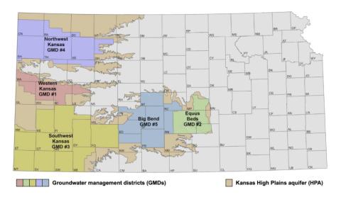 Five groundwater management districts address water resource issues in parts of western and central Kansas that source water from the High Plains aquifer.