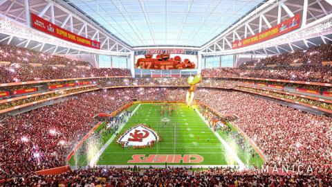 Manica Architecture in 2024 created renderings for a potential domed stadium for the Kansas City Chiefs in Kansas.