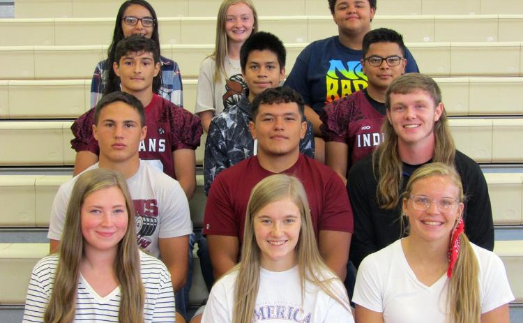 2021 Fall Homecoming Court, Back row, Court Attendants (L-R): Laura Castillo (jr), Brilee Seaton (so), Jade Jones (fr). Third row, Court Attendants: Khris Hermosillo (fr), Israel Espinoza (so), Christian Marchant (jr); Second row, seniors, King Candidates: Tristen Porter, Xavier Hernandez, Chandler Seaton; Front row, seniors, Queen Candidates: Amelia Koehn, breckyn Rawlins, Ally Wiggs. Not pictured: Kindergarten Attendants: Jose Blanco, Wyatt Lofstrom, Madelyn Aramburu, Hallie Tankersley.