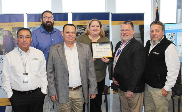 Above (L-R): Jessie Ruiz - American Implement Recruiter, Gabe Winger - Director of John Deere Tech Garden City Community College, Tony Meier - John Deere Territory Customer Service Manager, Amy Freouf - American Implement Director of Human Resources, Scott Ellsworth - JFF (Federal/State Apprenticeship Consultant) &amp; Robert Webb - American Implement Director of Service (Provided)