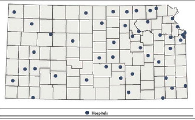 A graphic from a report on maternity care deserts shows the number of facilities offering inpatient obstetrics care across the state of Kansas. (United Methodist Health Ministry Fund/KU School of Nursing)