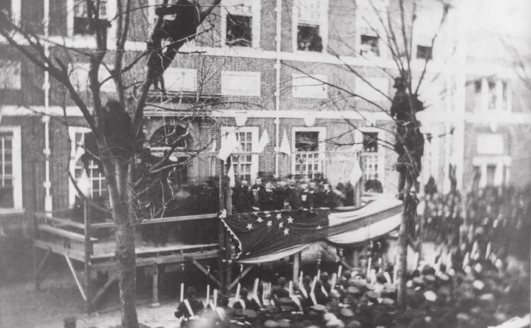 President-elect Abraham Lincoln raising the new national flag at Independence Hall, Philadelphia, in honor of the new star added for the admission of Kansas to the Union on Washington’s Birthday, February 22, 1861. This photo, taken by Philadelphian F. DeBourg Richards, is the only known depiction of Lincoln’s 1861 Inaugural Tour. Library of Congress