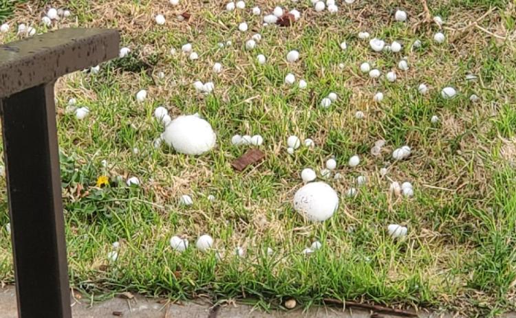 Hail stones littered yards across town following an intense three-phase winddriven thunderstorm Friday evening, April 22. The large stone on the left gets its closeup on page A3.