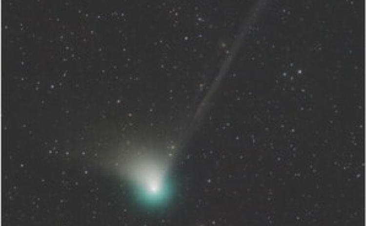 Comet C/2022 E3 (ZTF)’s brighter greenish coma, short broad dust tail and long faint ion tail on Dec. 25. Dan Bartlett