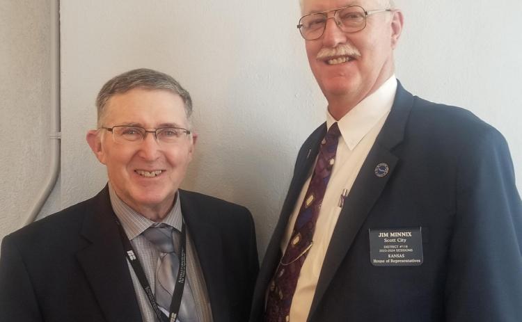 Kansas Farm Bureau hosted its annual Day at the Statehouse for members on February 7th. Farm and ranch members received updates on legislative issues, advocated policy with lawmakers, and engaged in valuable conversations with representatives and members from across the state. Pictured is Wichita County Farm Bureau member Greg Graff with Representative Jim Minnix from the 118th district.