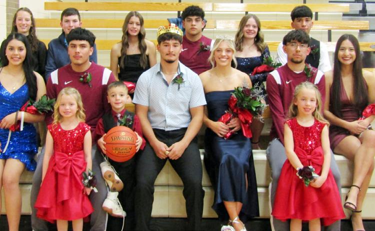 Back Row (L-R): Joleigh Mazanec, Jaxton Fritzmeier, sophomore attendants; Evy Thurman, Pablo Reyes, junior attendants; Madison Ames, Jerman Lira, freshman attendants. Front Row (L-R): Lynette Loya-Magadan, Queen Candidate; Francisco Figueroa, King Candidate; King Khris Hermosillo; Queen Emma Berning; Joel Lira, King Candidate; Giselle Alcaraz, Queen Candidate.
