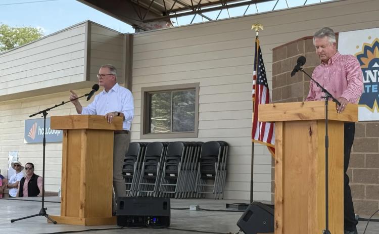 Democratic senate candidate Adam Hamilton delivers his closing statement for why Kansans should elect him over incumbent Republican Roger Marshall Zach Boblitt/Kansas Public Radio/Kansas News Service