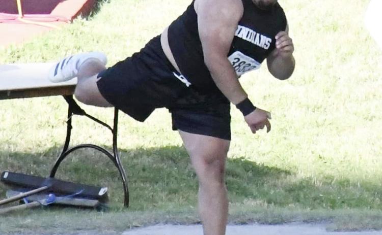 Simon Medina throws the shot put. He would throw a season-best and secure third place. Inset: Simon celebrates with Coach Allen Baker after a throw.