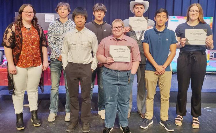 Below: Youth Entrepreneurship Challenge participants: Back row (L-R): Abby Bishop; Julian Lira; Francisco Figueroa; Marco Salazar, 2nd place; Sidney Biermann, 1st place. Front Row: Israel Espinoza; Hollie Snell, 3rd place; Luis Rodriguez. Photo courtesy Wichita Co. Economic Development
