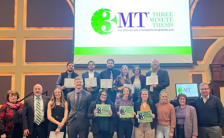 Finalists and judges of K-State’s 2023 Three Minute Thesis competition, from top left: Amogh
