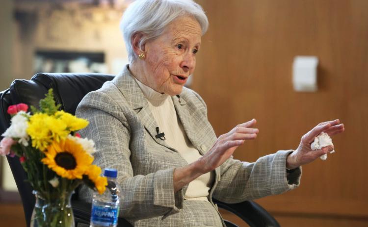 Former U.S. Sen. Nancy Kassebaum of Kansas talks about her Senate career, relationship with the late U.S. Sen. Bob Dole and erosion of a commitment to bipartisanship during an appearance at the Dole Institute of Politics in Lawrence. (Photo by Thad Allton for Kansas Reflector)