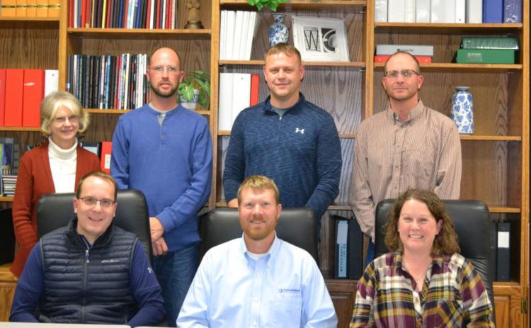 USD 467 Board of Education: Back row, L to R: Ann Wiles, Jason Koehn, Josh Young, Brian Gerstberger. Front row, L to R: Jim Myers, President; Brandon Whalen, Vice President; Tammy Simons. Provided