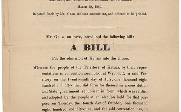“Be it enacted by the Senate and House of Representatives of the United States of America in Congress assembled, §1. That the State of Kansas shall be, and is hereby declared to be, one of the United States of America, and admitted into the Union on an equal footing with the original States in all respects whatever....”