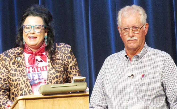 Above: Left: Kansas State Representative Tatum Lee. Right: Kansas State Representative Jim Minnix. The WCHS Auditorium was the scene of a debate between incumbent 118th District State Rep Jim Minnix and his Republican challenger, current 117th District Rep Tatum Lee. Staff photos