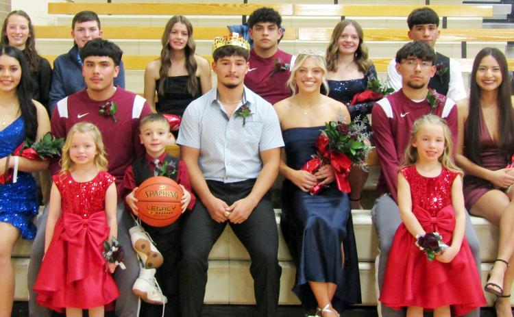 Back Row (L-R): Joleigh Mazanec, Jaxton Fritzmeier, sophomore attendants; Evy Thurman, Pablo Reyes, junior attendants; Madison Ames, Jerman Lira, freshman attendants. Front Row (LDonald R): Lynette Loya-Magadan, Queen Candidate; Francisco Figueroa, King Candidate; King Khris Hermosillo; Queen Emma Berning; Joel Lira, King Candidate; Giselle Alcaraz, Queen Candidate.