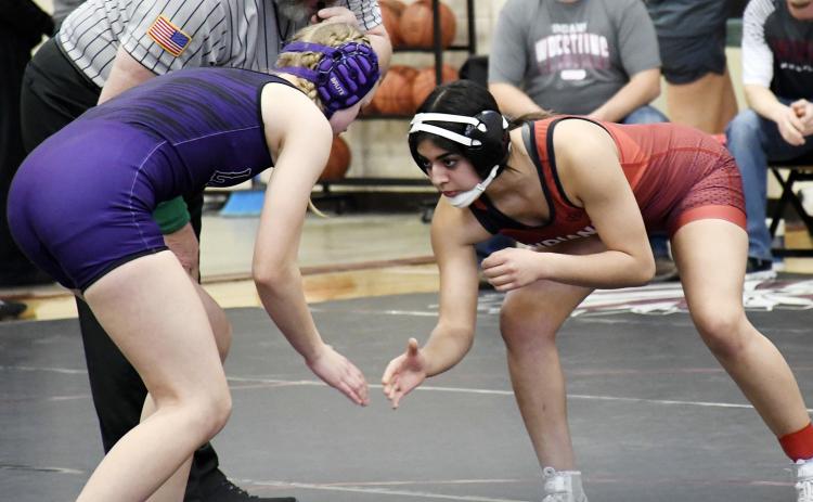 Above: Kimberly Perez shows her determination. Below: Tayson Guerra wrestles his way to 4th place.