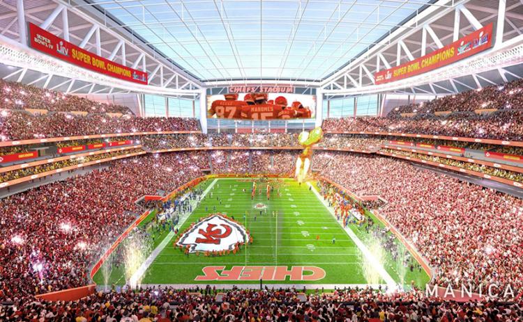 Manica Architecture in 2024 created renderings for a potential domed stadium for the Kansas City Chiefs in Kansas.